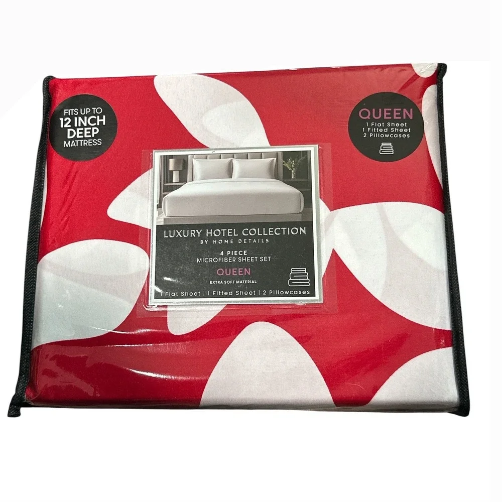 NWT, Luxury Hotel Collection Queen Microfiber Sheet Set 4pc Red White,